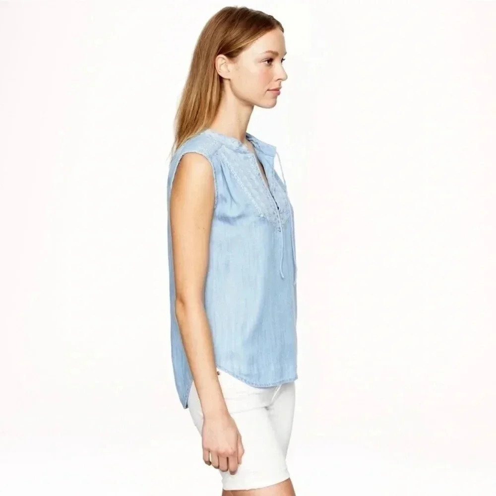 Nwt J.Crew Embroidered Chambray Sleeveless Tassel Top
